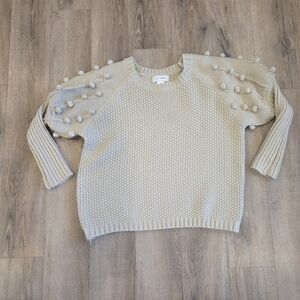 Sweater Pom Pom Baloon Sleeve Chunky Womens Sm- Med Cream Neutral Ces Femme Boho
